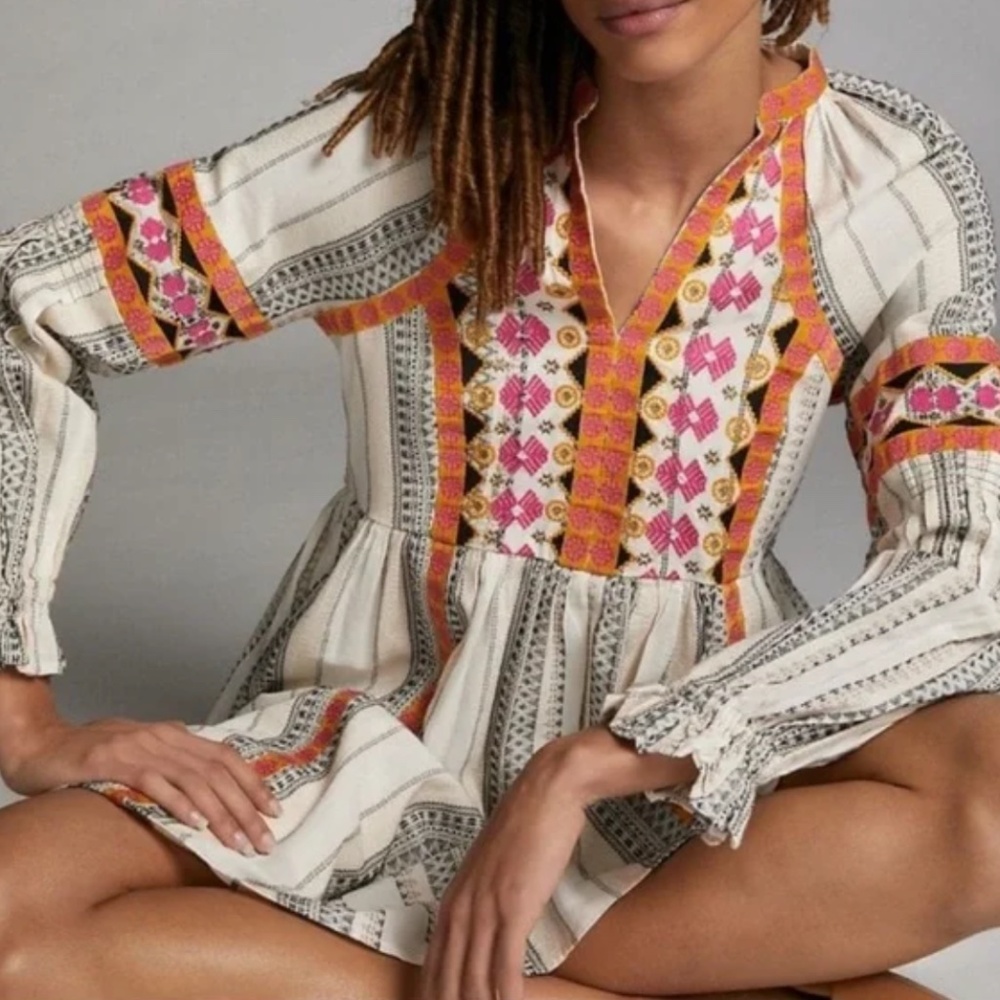 Anthropologie Lottie Embroidered Mini Dress Size Petite Large